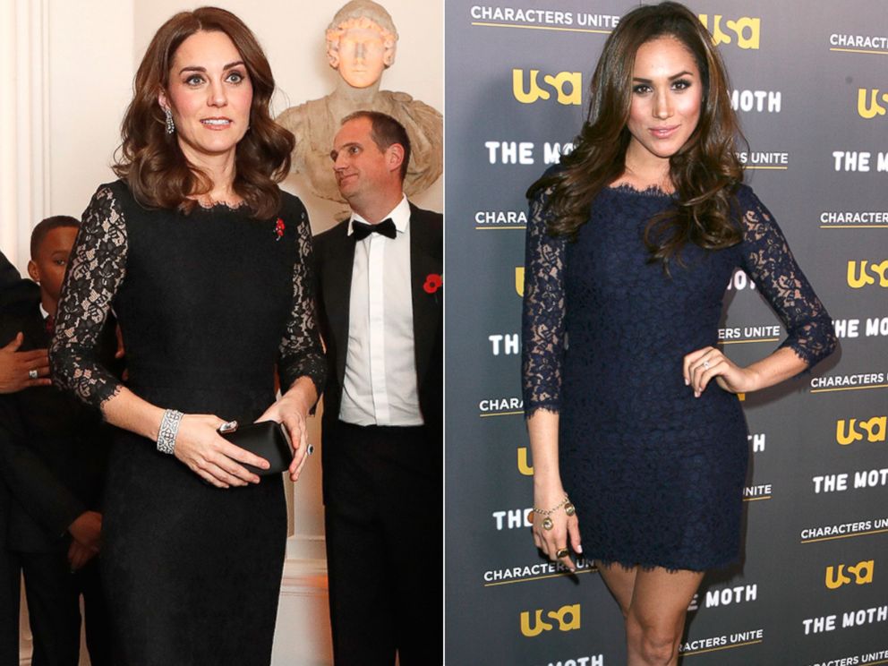 PHOTO: Britain's Kate, the Duchess of Cambridge, at the 2017 Gala Dinner for The Anna Freud National Centre for Children and Families, in London, Nov. 7, 2017 | Meghan Markle at the "Characters Unite/Moth Storytelling Event" in Los Angeles, Feb. 15, 2012.