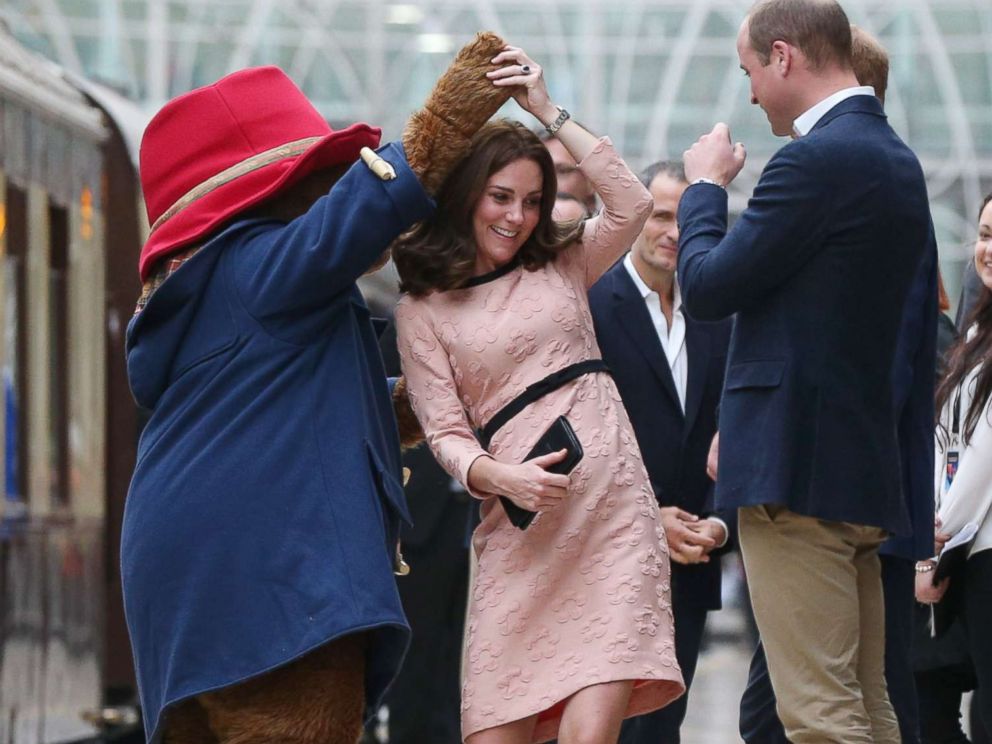 PHOTO: Catherine, Duchess of Cambridge dances with Paddington bear on platform 1 at Paddington Station as she meets the cast and crew from the forthcoming film Paddington 2 at Paddington Station on Oct. 16, 2017.
