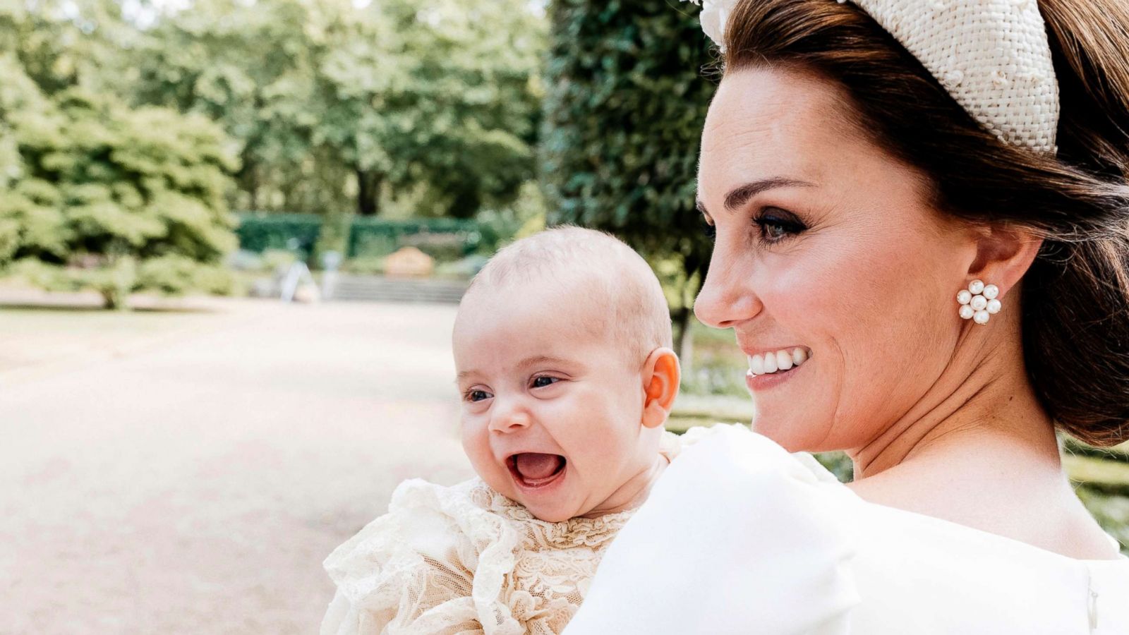 PHOTO: Kate Middleton, the Duchess of Cambridge poses for a photo with Prince Louis in the garden of Clarence House, following Prince Louis's baptism at the Chapel Royal, St. James's Palace, in London, July 9, 2018.