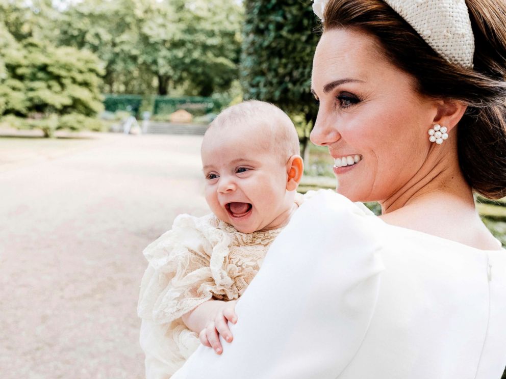 PHOTO: Kate Middleton, the Duchess of Cambridge poses for a photo with Prince Louis in the garden of Clarence House, following Prince Louis's baptism at the Chapel Royal, St. James's Palace, in London, July 9, 2018.