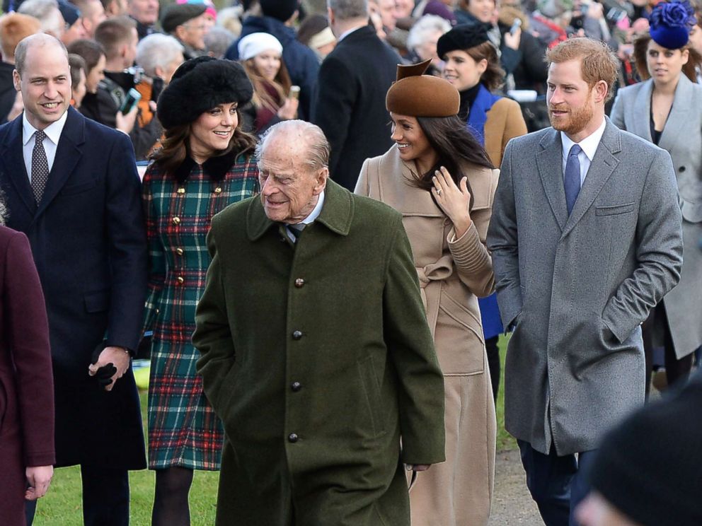 PHOTO: Lady Louise Windsor, the Duke of Edinburgh, The Duke and Duchess of Cambridge, Meghan Markle and Prince Harry arriving to attend the Christmas Day morning church service at St Mary Magdalene Church in Sandringham, Norfolk, Dec. 25, 2017.