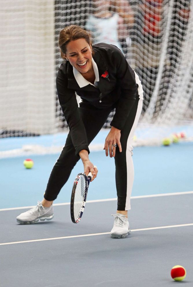 PHOTO: Catherine, Duchess of Cambridge plays tennis at the Lawn Tennis Association in London, Oct. 31, 2017.