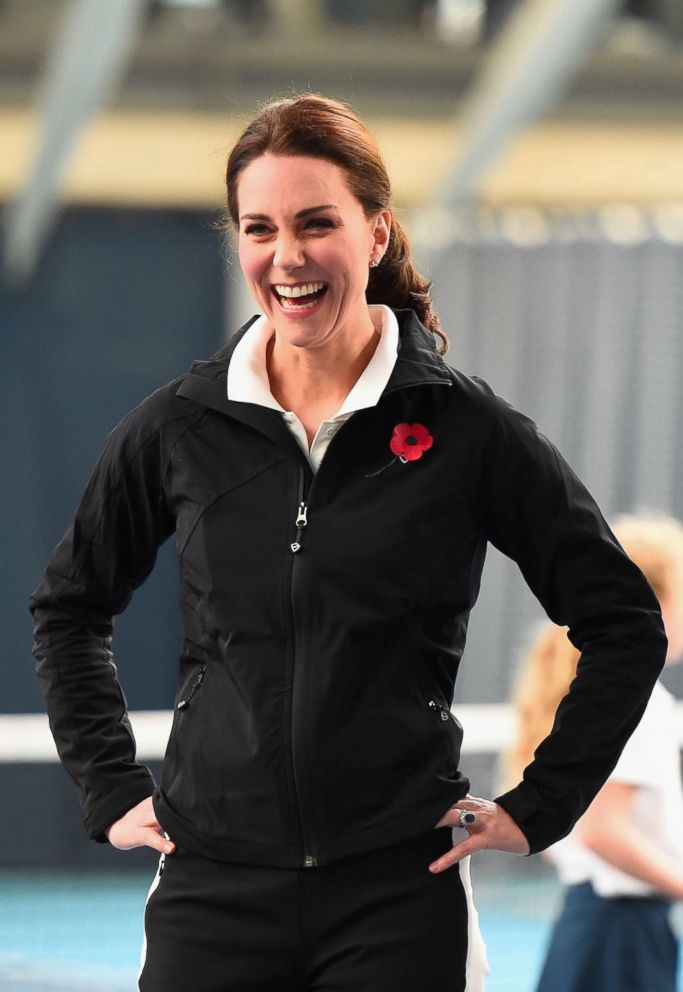 PHOTO: Catherine, Duchess of Cambridge stands on a tennis court at the Lawn Tennis Association in London, Oct. 31, 2017. 