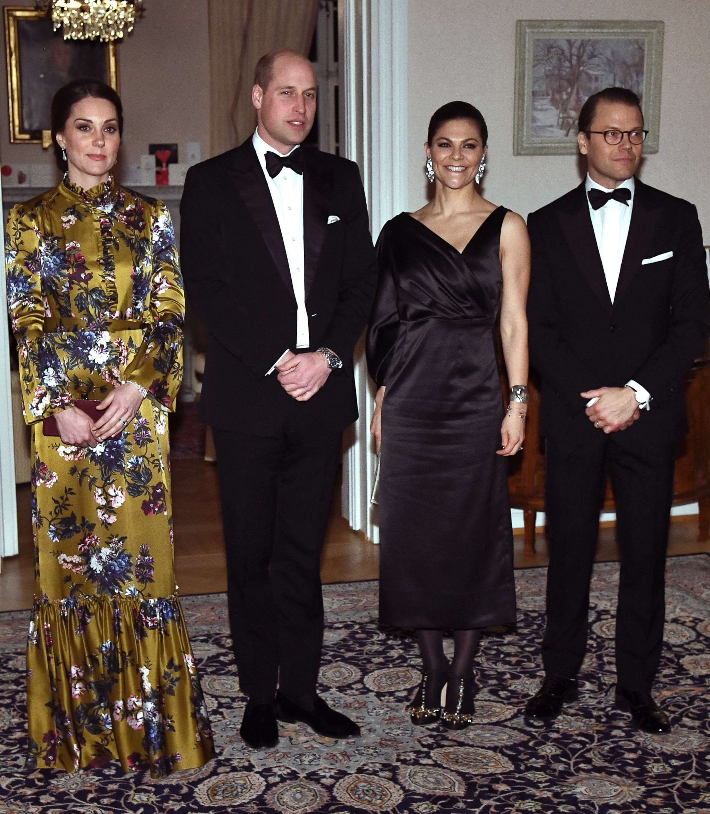 PHOTO: From left, Kate, the Duchess of Cambridge, Britain's Prince William, Sweden's Crown Princess Victoria and Prince Daniel pose for photographers prior to a dinner at the British ambassador's residence in Stockholm, Jan. 30, 2018.