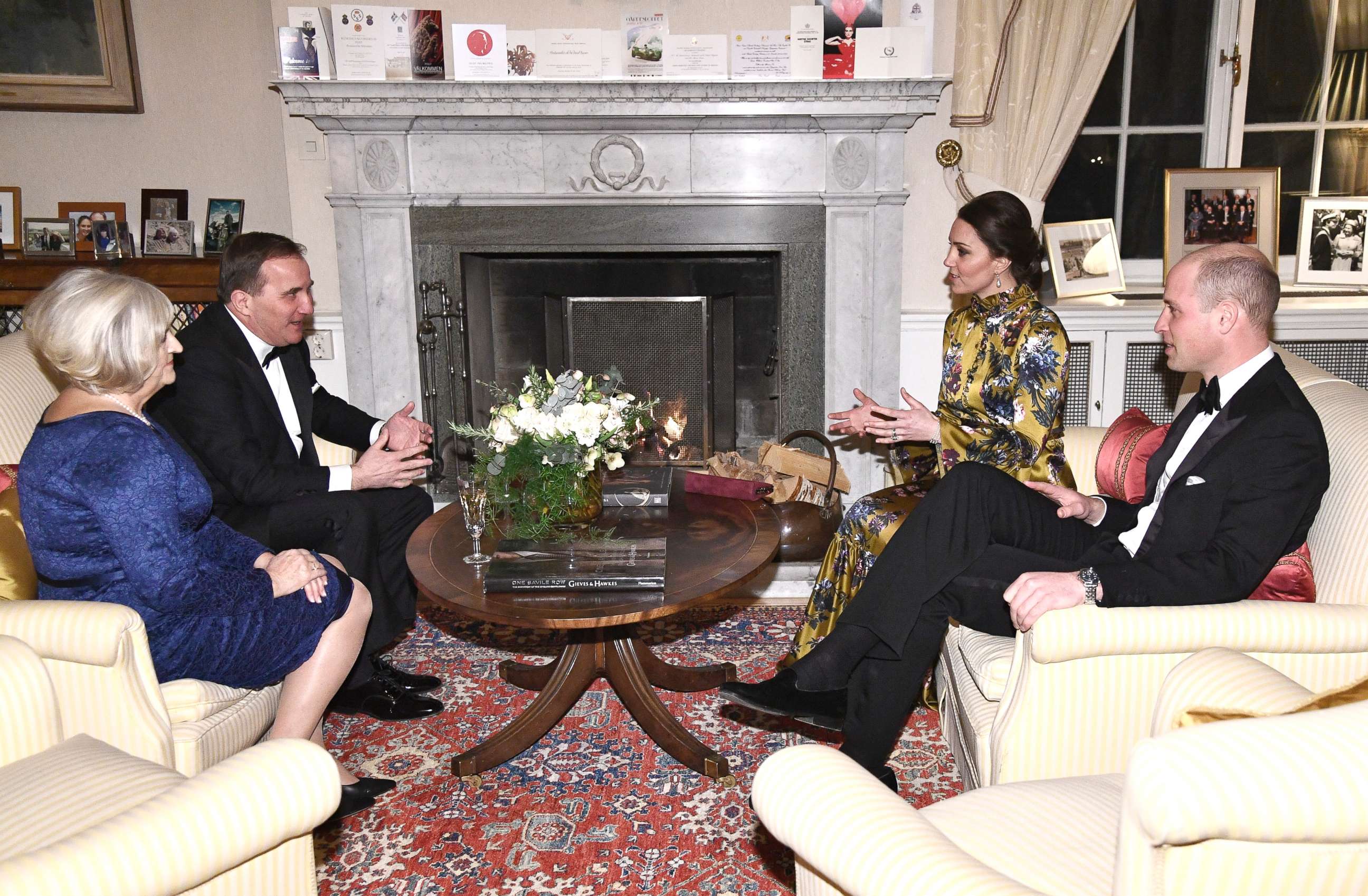 PHOTO: Talking prior to an official dinner, from right to left, Britain's Prince William, Kate Duchess of Cambridge talk to Sweden's Prime Minister Stefan Lofven and his wife Ulla Lofven at the British ambassador's residence in Stockholm, Jan. 30, 2018. 