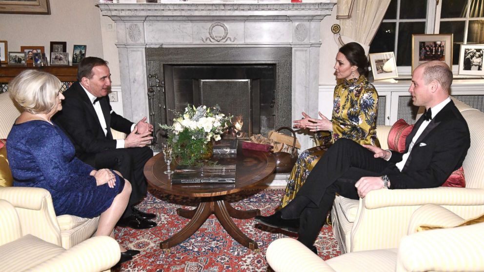 PHOTO: Talking prior to an official dinner, from right to left, Britain's Prince William, Kate Duchess of Cambridge talk to Sweden's Prime Minister Stefan Lofven and his wife Ulla Lofven at the British ambassador's residence in Stockholm, Jan. 30, 2018. 
