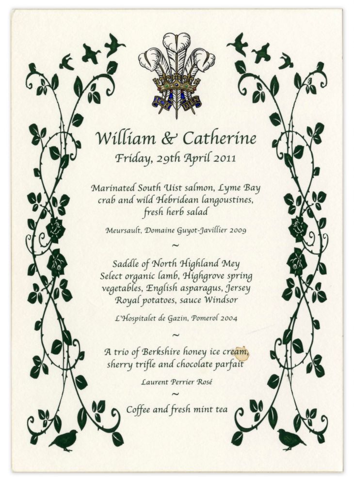 PHOTO: The menu for Kate and William's Royal Wedding, which later was sold at auction from Nate D. Sanders Auctions.