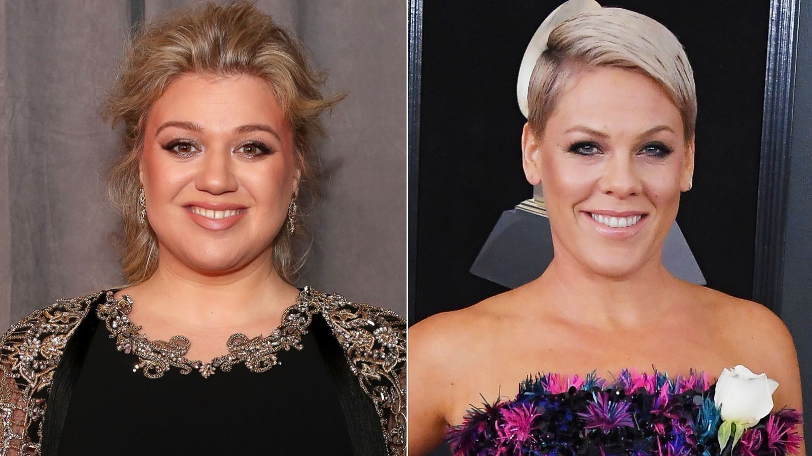 PHOTO: Pictured (L-R) are Kelly Clarkson and Pink at the 60th Annual GRAMMY Awards at Madison Square Garden, Jan. 28, 2018, in New York.