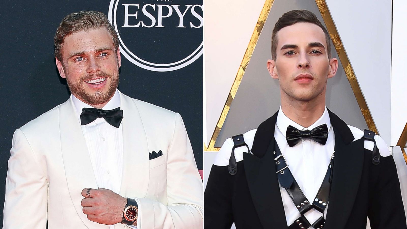 PHOTO: Gus Kenworthy attends The 2017 ESPYS on July 12, 2017, in Los Angeles.| Adam Rippon arrives at the Oscars on March 4, 2018 in Los Angeles.