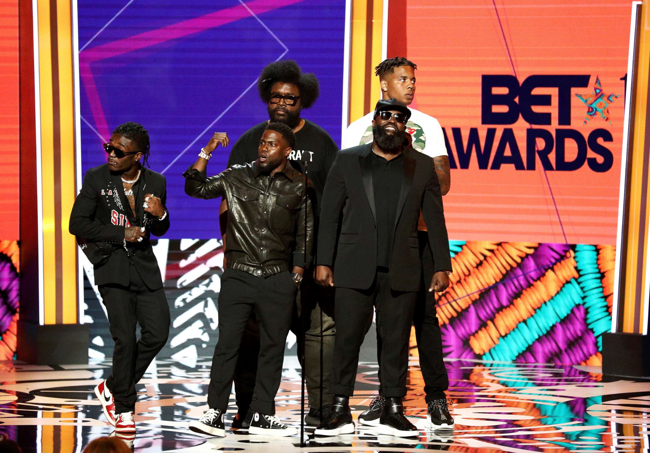 PHOTO: Lil Uzi Vert, Kevin Hart, Questlove, Black Thought, and Markelle Fultz speak onstage at the 2018 BET Awards at Microsoft Theater, June 24, 2018, in Los Angeles.
