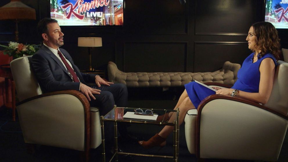 PHOTO: Jimmy Kimmel speaks with  Paula Faris on "Good Morning America."