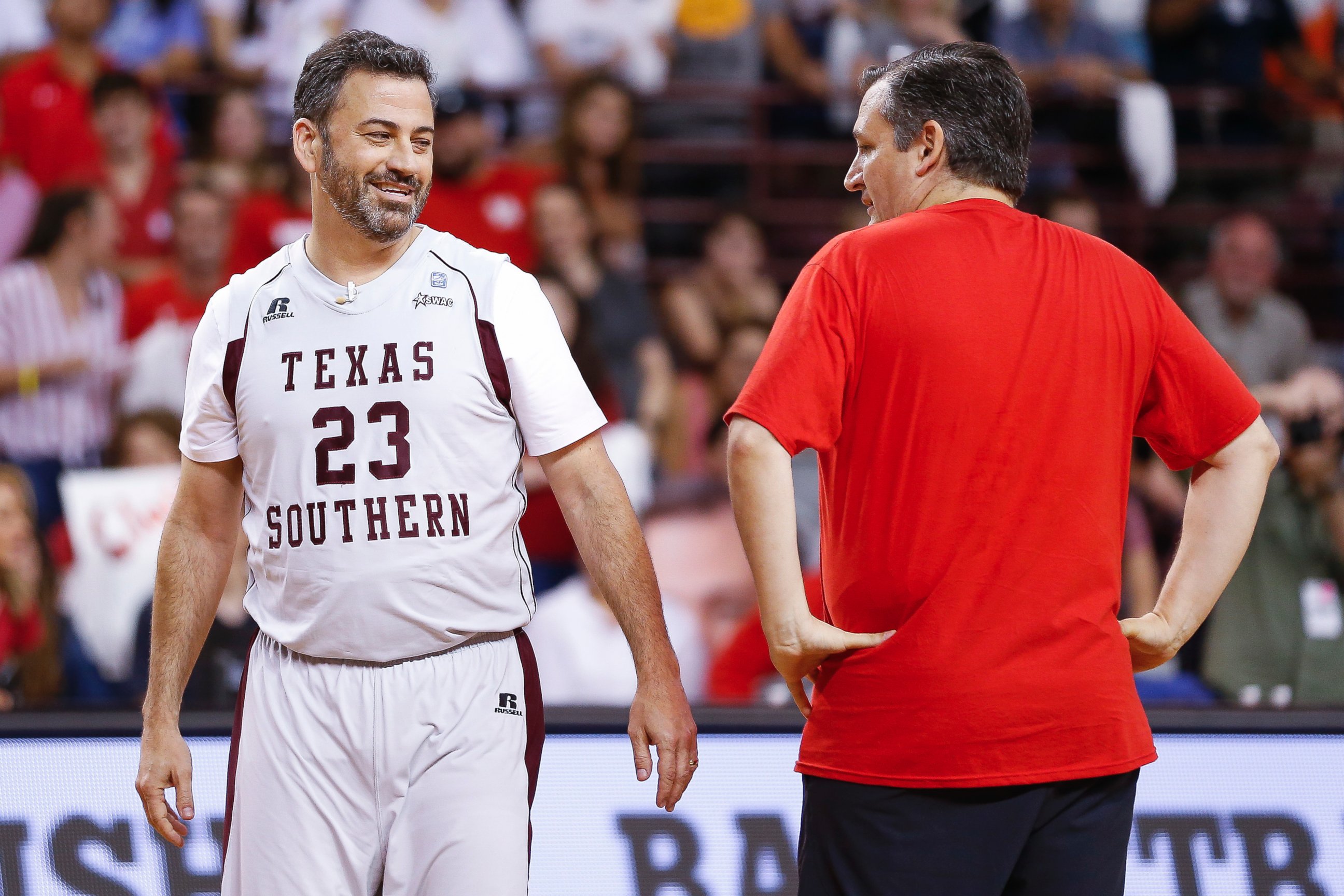 Jimmy Kimmel and Sen. Ted Cruz face off during the Blobfish Basketball Classic and one-on-one interview at Texas Southern University's Health & Physical Education Arena Saturday, June 16, 2018 in Houston.