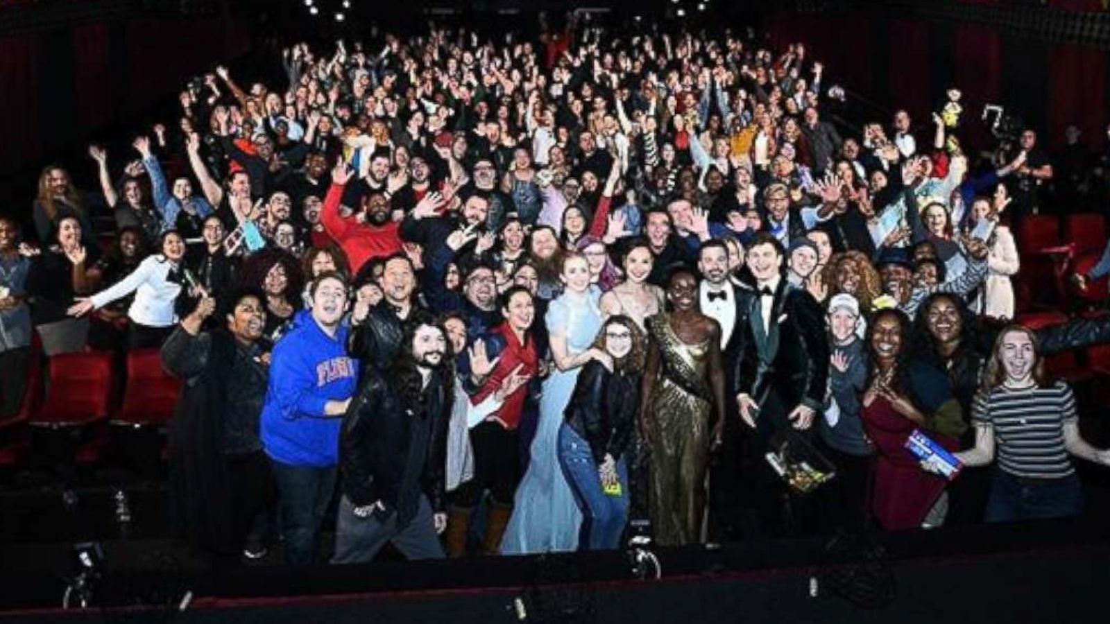 PHOTO: An audience at a movie theater nearby gets a surprise visit from Oscar host Jimmy Kimmel and other actors and actresses, March 4, 2018, in Los Angeles.