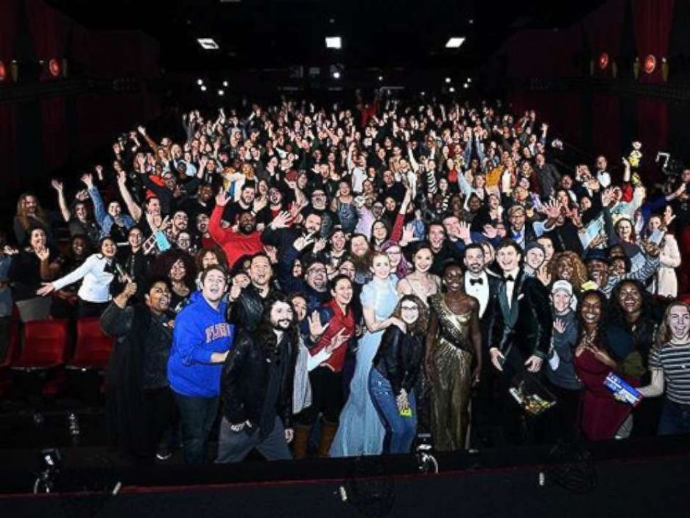 PHOTO: An audience at a movie theater nearby gets a surprise visit from Oscar host Jimmy Kimmel and other actors and actresses, March 4, 2018, in Los Angeles.