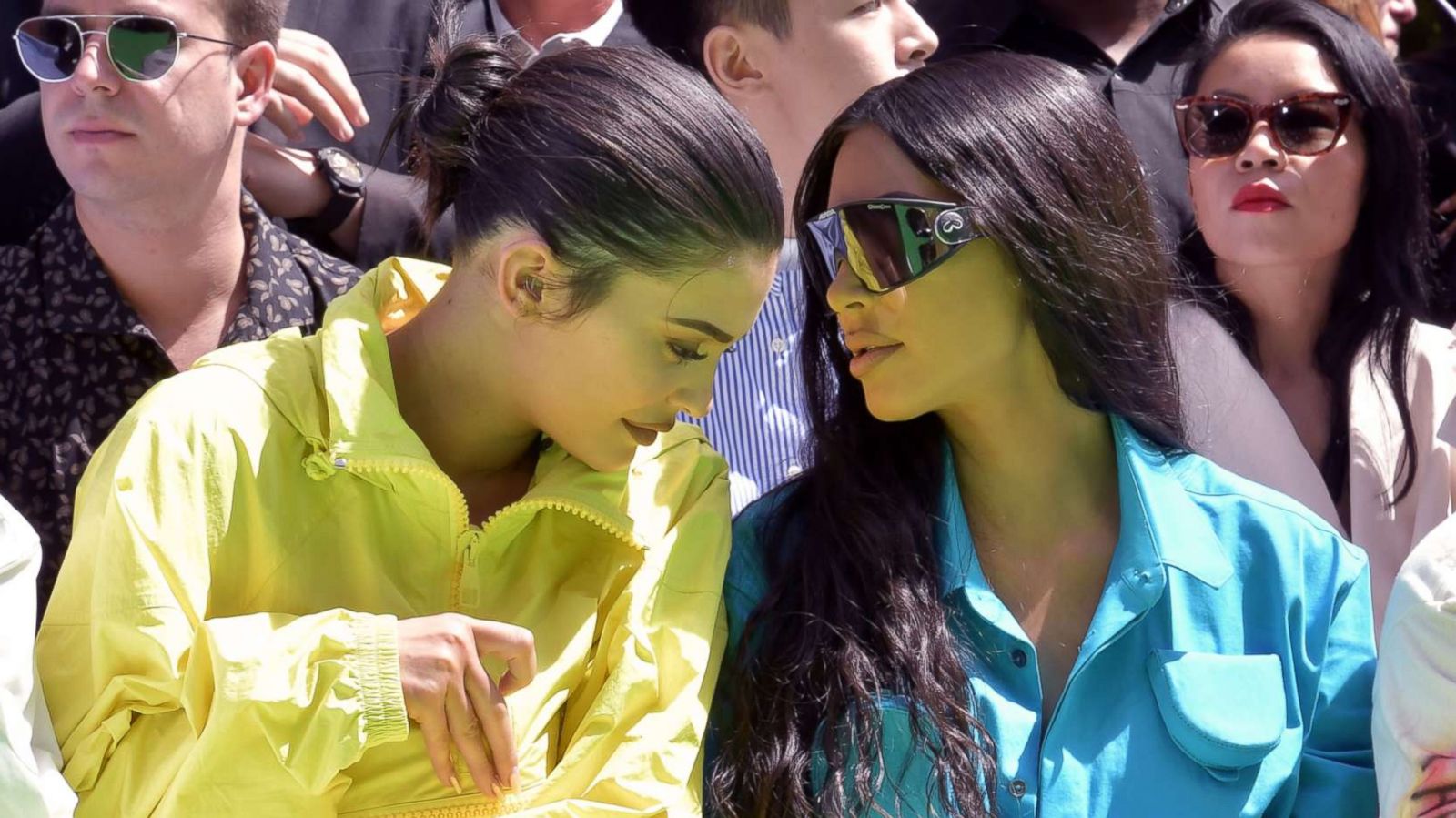 PHOTO: Kylie Jenner and Kim Kardashian sit in the front row at a Louis Vuitton show in Paris, June 21, 2018.