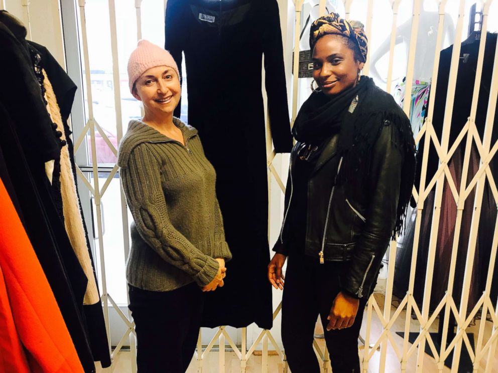 PHOTO: Laura Checkoway's stylist friend, Becky, right, helps her find a dress at a consignment shop owned by Luba.