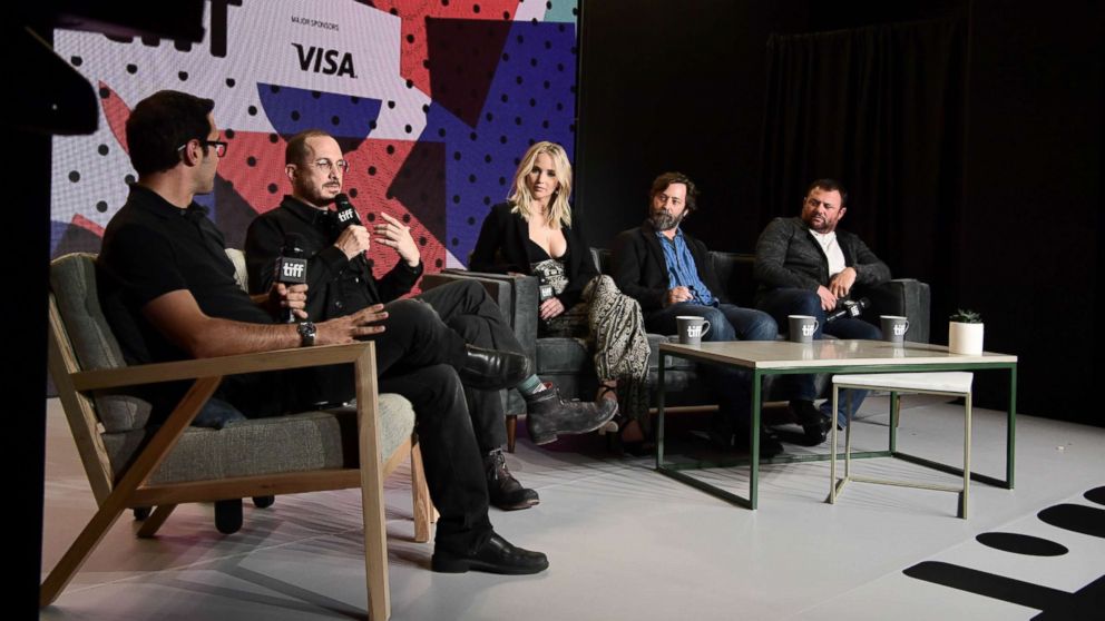 (Second L-R) Darren Aronofsky, Jennifer Lawrence, Ari Handel, and Scott Franklin at the 'mother!' press conference during the 2017 Toronto International Film Festival held at TIFF Bell Lightbox, Sept. 10, 2017, in Toronto.  
