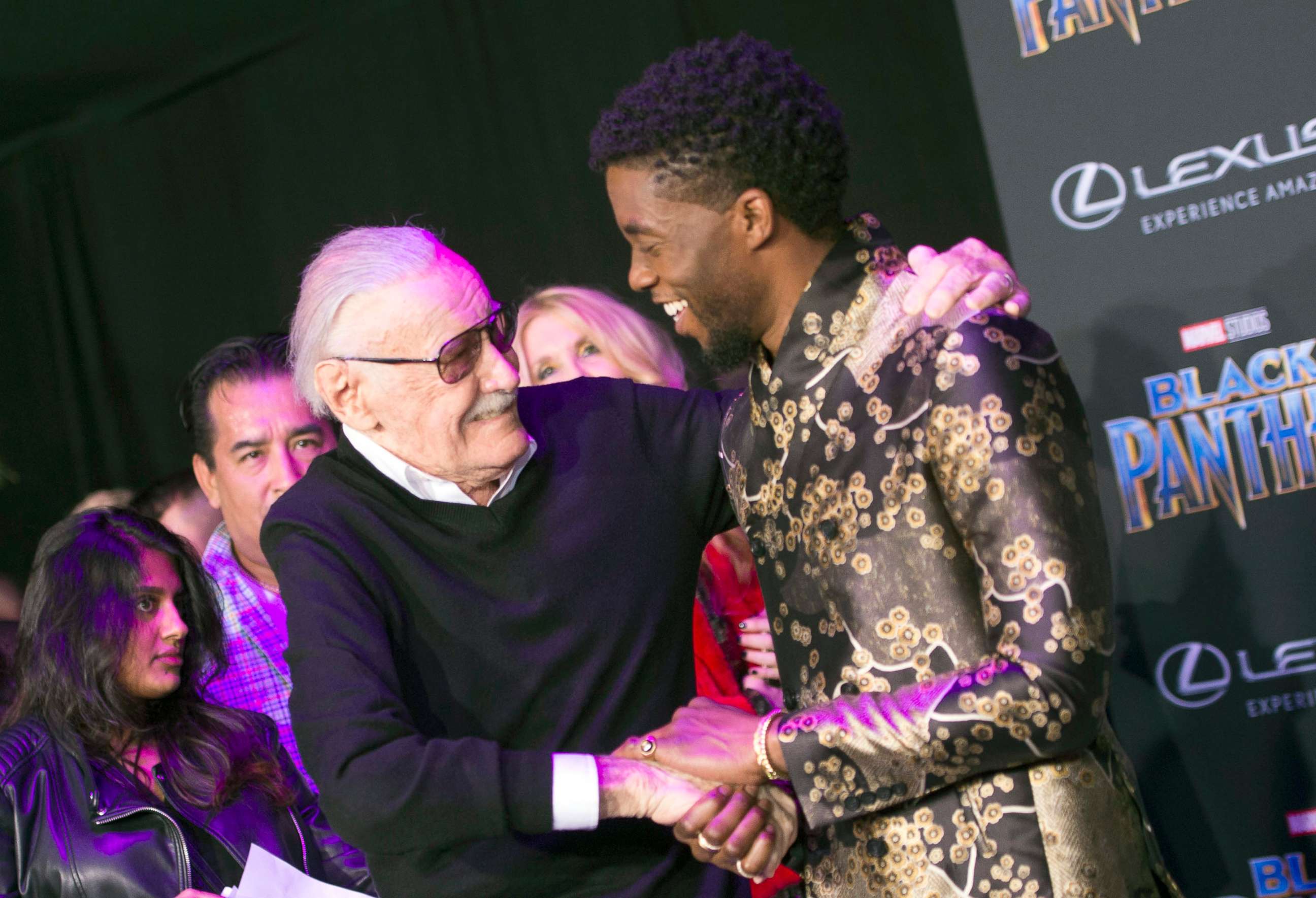 PHOTO: Comic book writer Stan Lee and actor Chadwick Boseman attend the world premiere of Marvel Studios' Black Panther, Jan. 29, 2018, in Hollywood, Calif.