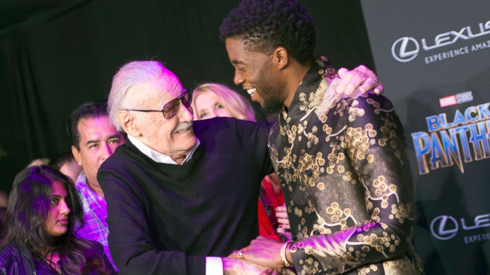 PHOTO: Comic book writer Stan Lee and actor Chadwick Boseman attend the world premiere of Marvel Studios' Black Panther, Jan. 29, 2018, in Hollywood, Calif.