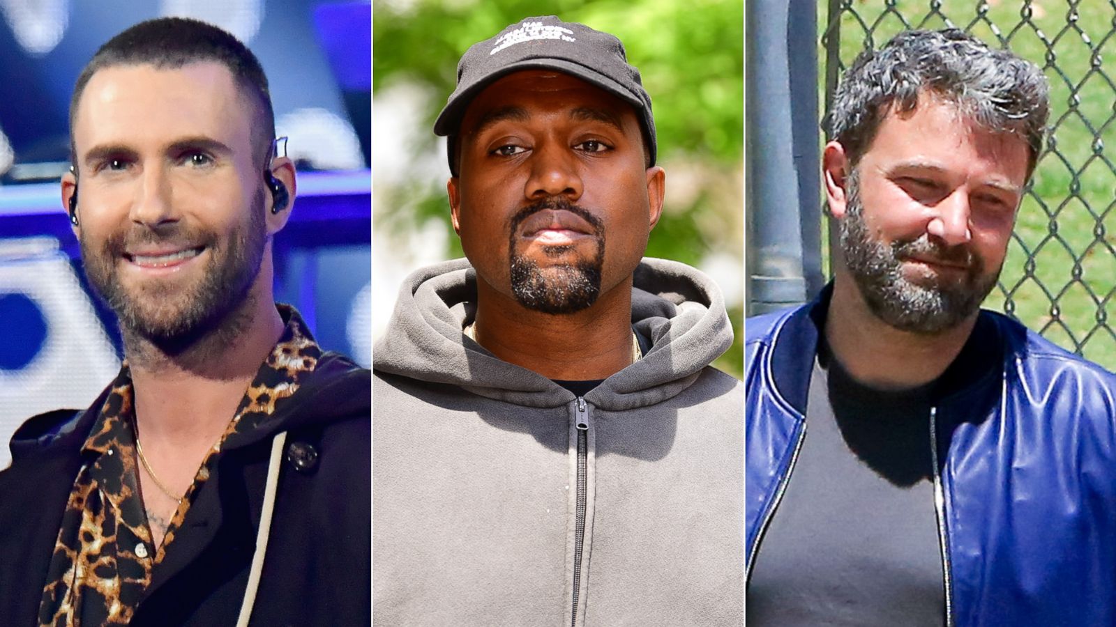 PHOTO: Adam Levine is pictured in Inglewood, Calif., March 11, 2018, Kanye West in New York on June 15, 2018 and Ben Affleck in Los Angeles, June 2, 2018.