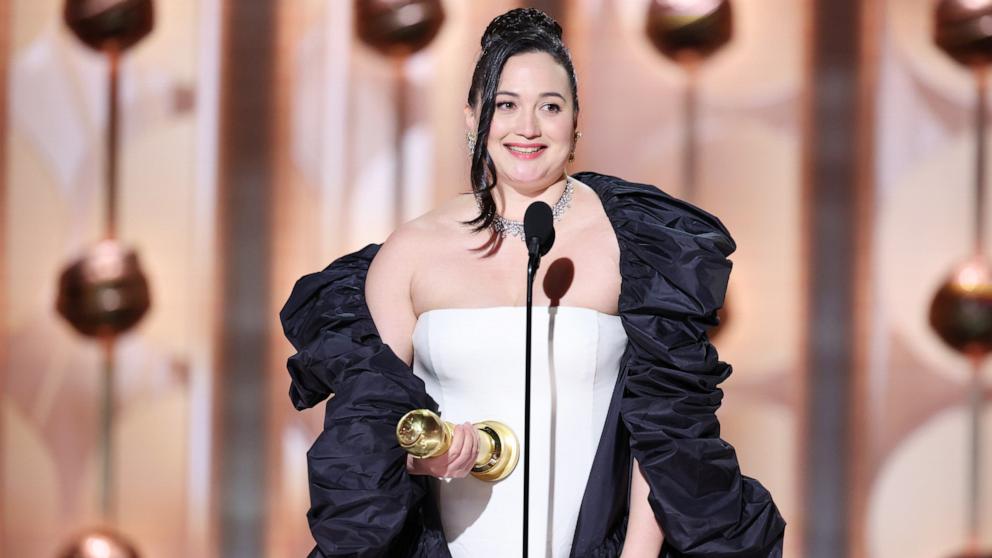 PHOTO: Lily Gladstone accepts award for Best Performance by a Female Actor in a Motion Picture  Drama for "Killers of the Flower Moon" at the 81st Golden Globe Awards held at the Beverly Hilton Hotel on January 7, 2024.
