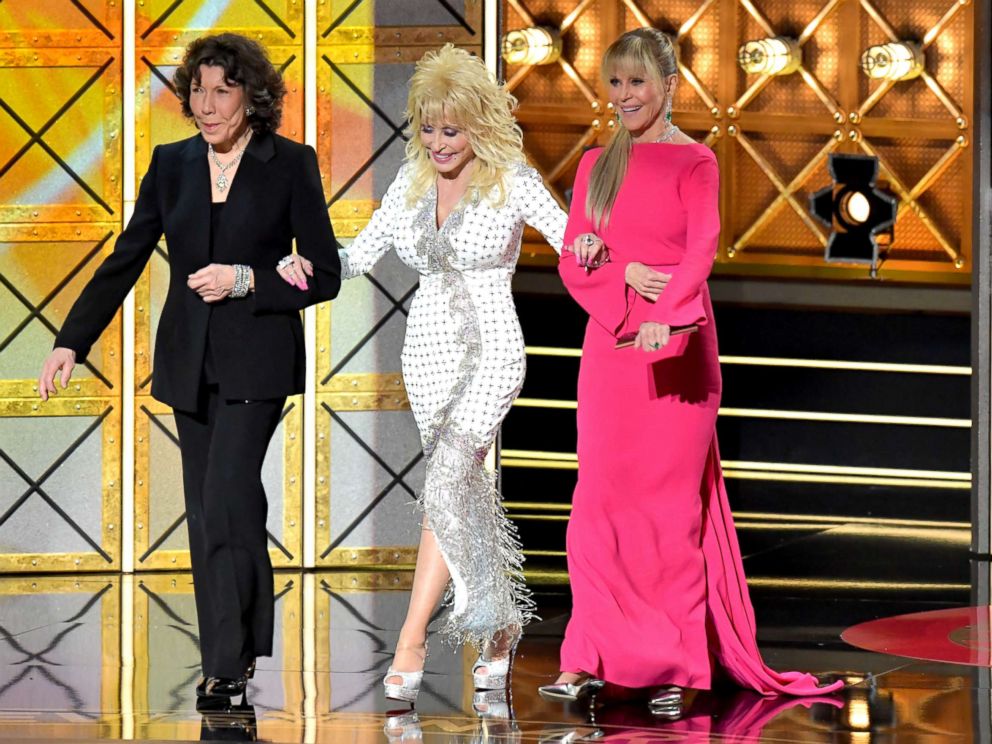 PHOTO: Actors Lily Tomlin, Dolly Parton, and Jane Fonda speak onstage during the 69th Annual Primetime Emmy Awards at Microsoft Theater, Sept. 17, 2017, in Los Angeles.