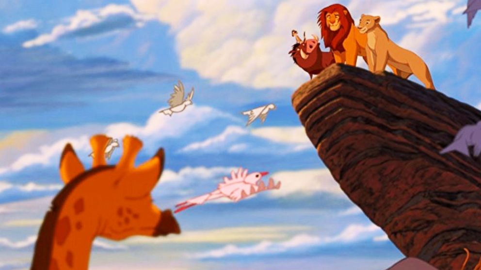 PHOTO: Matthew Broderick, Nathan Lane, Moira Kelly, and Ernie Sabella in the animated movie, "The Lion King," 1994.