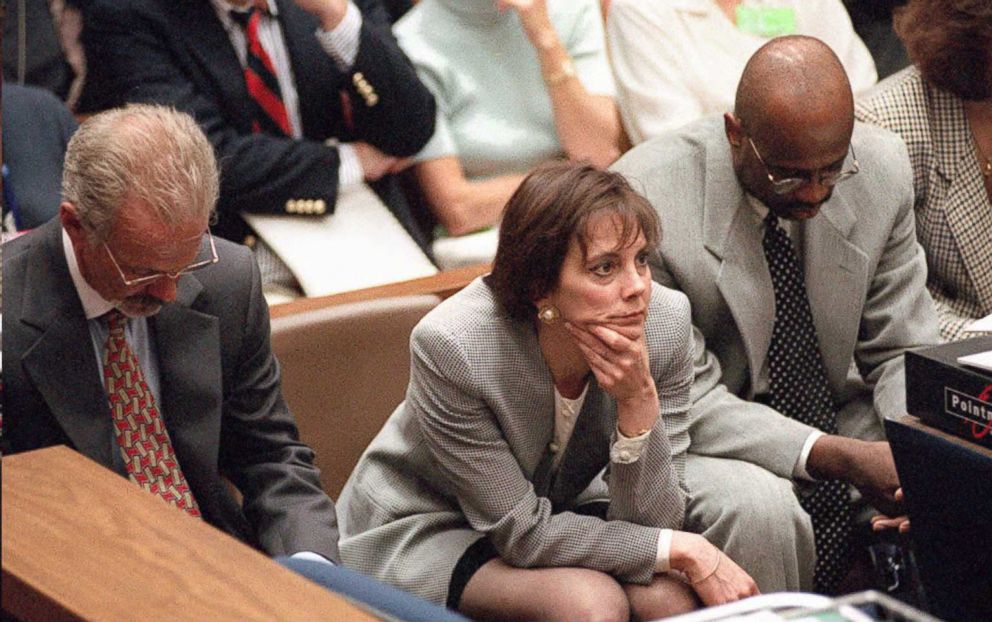 PHOTO: Prosecutors Rockne Harmon, left, Marcia Clark,center, and Christopher Darden listen to defense lawyer Barry Scheck's cross-examination of DNA expert Gary Sims, Sept. 13, 1995.