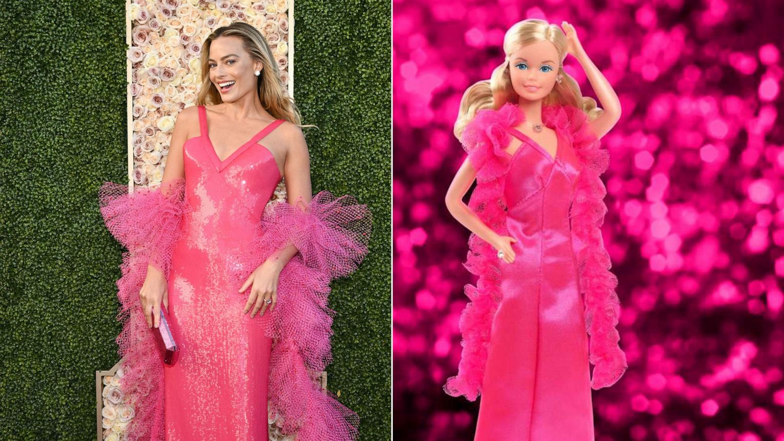 PHOTO: Margot Robbie arrives at the Golden Globes, Jan. 7, 2024. Barbie 1977 reproduction from Mattel