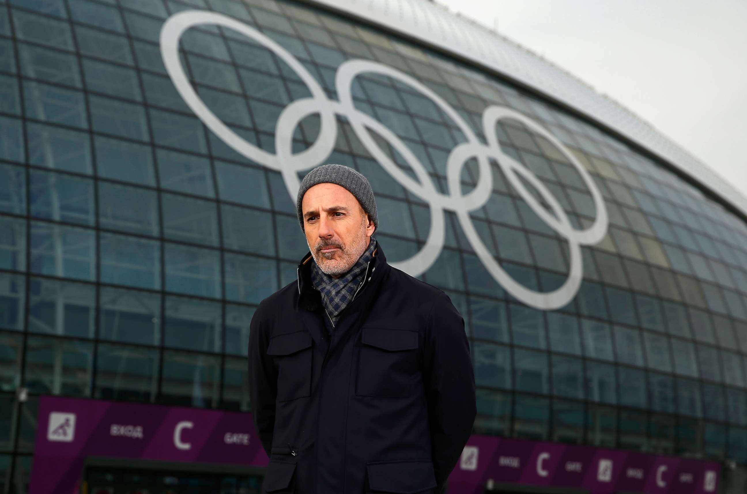 PHOTO: Matt Lauer reports for the NBC "Today" show in the Olympic Park ahead of the Sochi 2014 Winter Olympics, Feb. 5, 2014 in Sochi, Russia. 