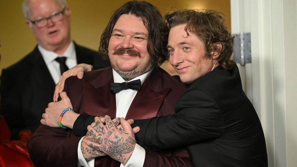 PHOTO: Jeremy Allen White and Canadian chef Matty Matheson arrive in the press room during the 81st annual Golden Globe Awards in Beverly Hills, Jan. 7, 2024.