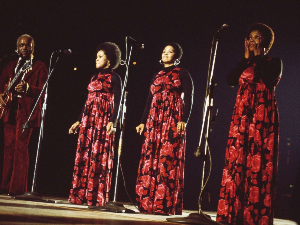 PHOTO: The Staple Singers, Pervis Staples, Cleotha Staples, Yvonne Staples and Mavis Staples, perform at the New Orleans Jazz and Heritage Festival in New Orleans April 27, 1985.