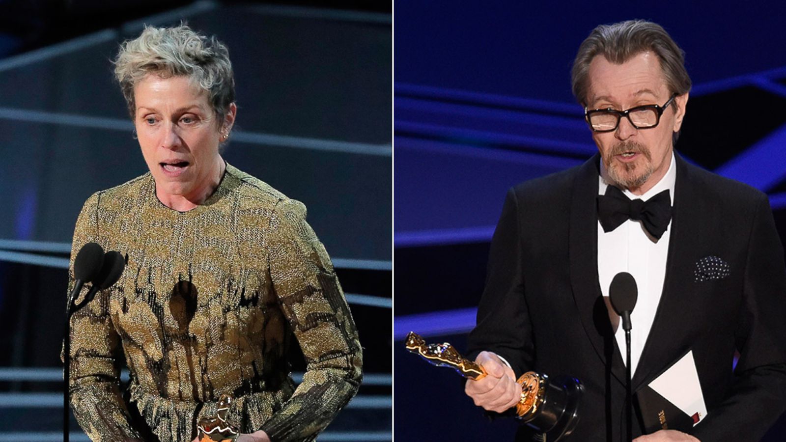 PHOTO: Frances McDormand, left, and Gary Oldman on stage at the 90th Academy Awards in Los Angeles, March 4, 2018.