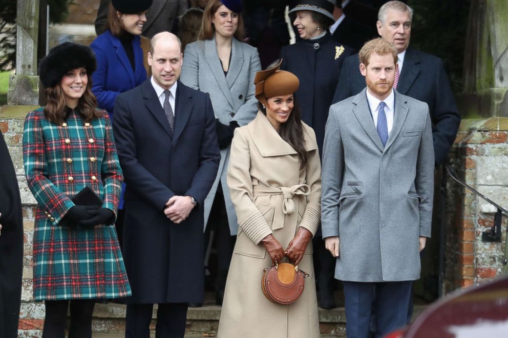 PHOTO: Prince William, Catherine, Duchess of Cambridge, Meghan Markle and Prince Harry attend Christmas Day Church service at Church of St Mary Magdalene on Dec. 25, 2017 in King's Lynn, England.