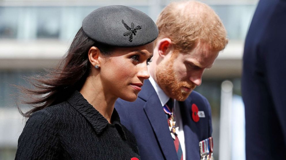 PHOTO: Britain's Prince Harry and his fiancee Meghan Markle arrive to attend a service of commemoration and thanksgiving to mark Anzac Day in Westminster Abbey in London on April 25, 2018.