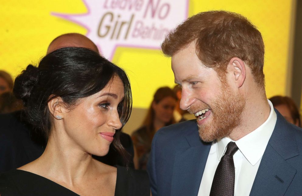 PHOTO: Britain's Prince Harry and his fiancee, Meghan Markle, attend a reception for Women's Empowerment at the Royal Aeronautical Society in central London, April 19, 2018.