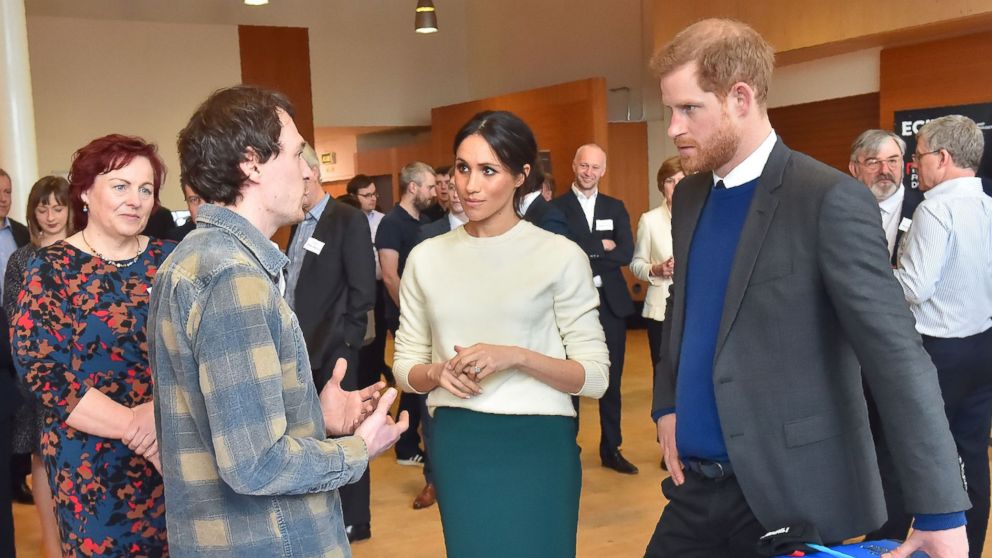 PHOTO: Britain's Prince Harry and his fiancee, U.S. actress Meghan Markle, speak with Chris Martin (2nd L), co-founder of Skunk Works during a visit to Northern Ireland's next generation science park, Catalyst Inc. in Belfast, Ireland, March 23, 2018.