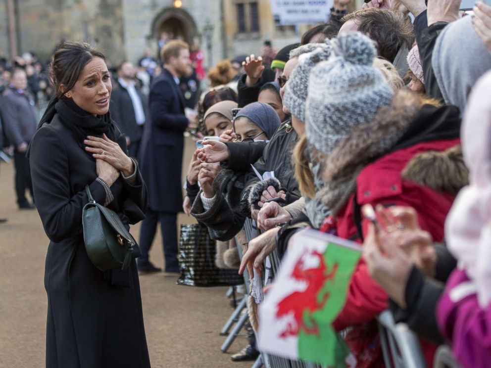 PHOTO: Britain's Prince Harry's fiance, U.S. actress Meghan Markle greets well-wishers on arrival at Cardiff Castle in Cardiff, south Wales, Jan. 18, 2018, for a day showcasing the rich culture and heritage of Wales.
