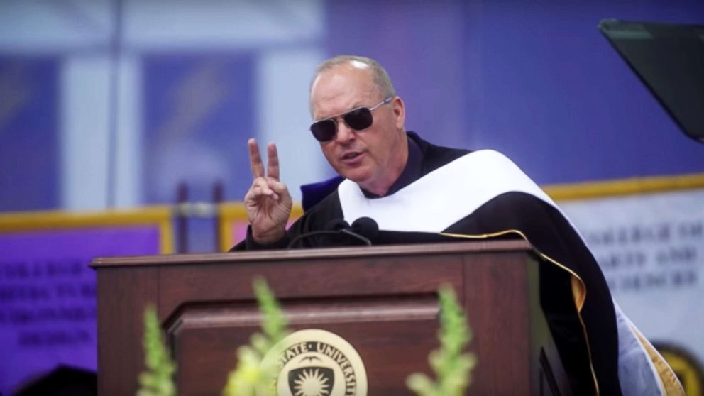 PHOTO: Michael Keaton delivers the commencement speech at Kent State University.