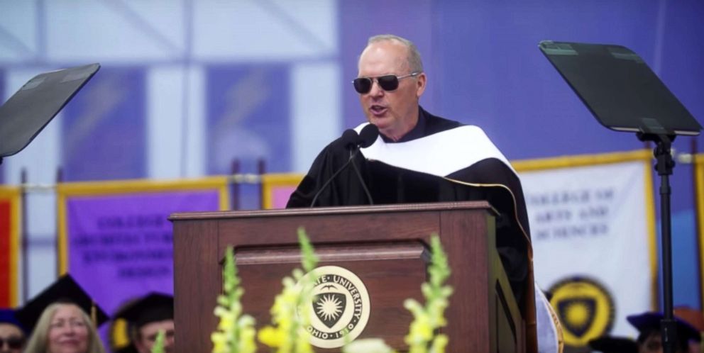 PHOTO: Michael Keaton delivers the commencement speech at Kent State University.