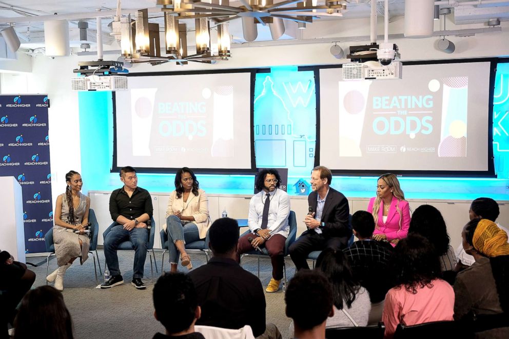 PHOTO: Elaine Welteroth, recent college graduate Ryan Liu, former First Lady Michelle Obama, Daveed Diggs, Daniel Porterfield, and La La Anthony speak at an event to support first-generation college-bound students on June 14, 2018, in Washington, D.C.