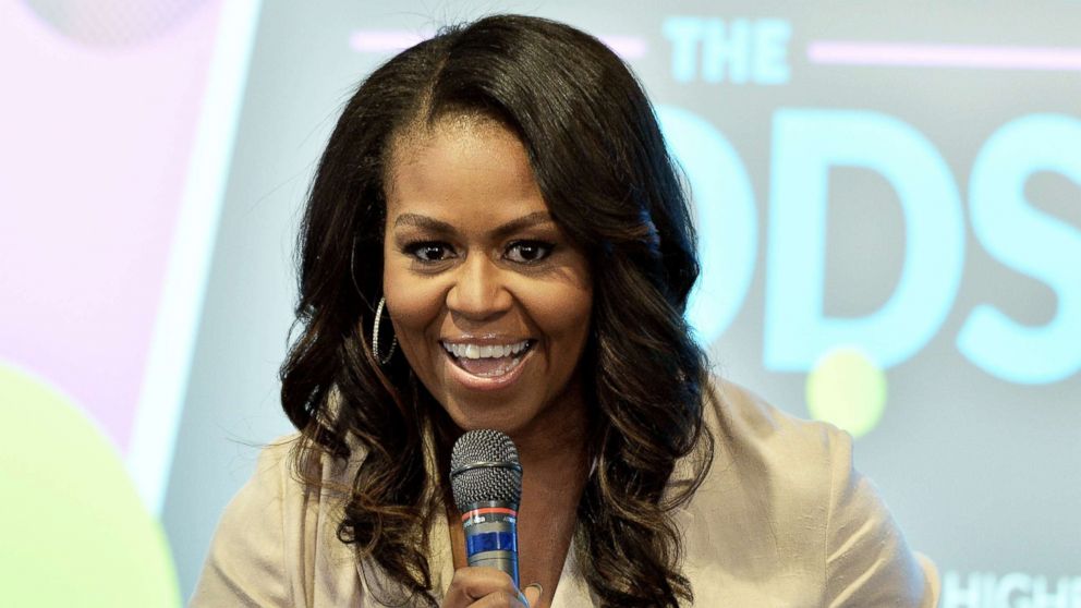 PHOTO: Former First Lady Michelle Obama talks to the audience at the Reach Higher Initiative Beating the Odds Summit to support first-generation college-bound students on June 14, 2018, in Washington, D.C.
