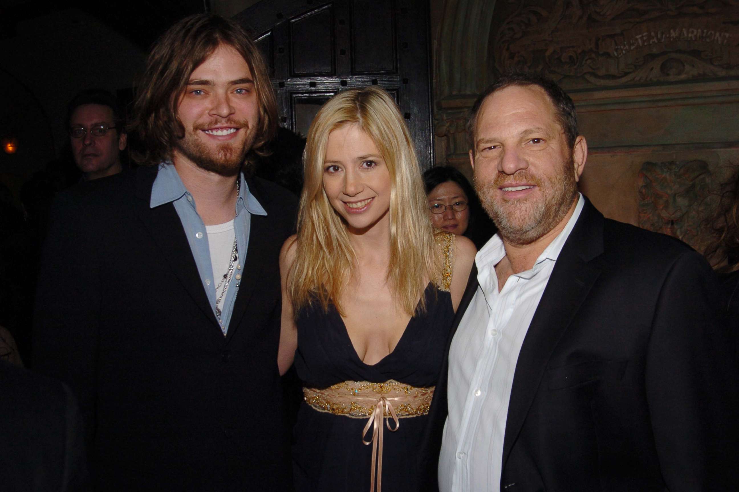 PHOTO: (L-R) Chris Backus, Mira Sorvino and Harvey Weinstein attend HBO's Annual Pre-Golden Globes Party hosted by Colin Callender, Chris Albrecht and Carolyn Strauss at Chateau Marmont, Jan. 14, 2006 in Los Angeles. 