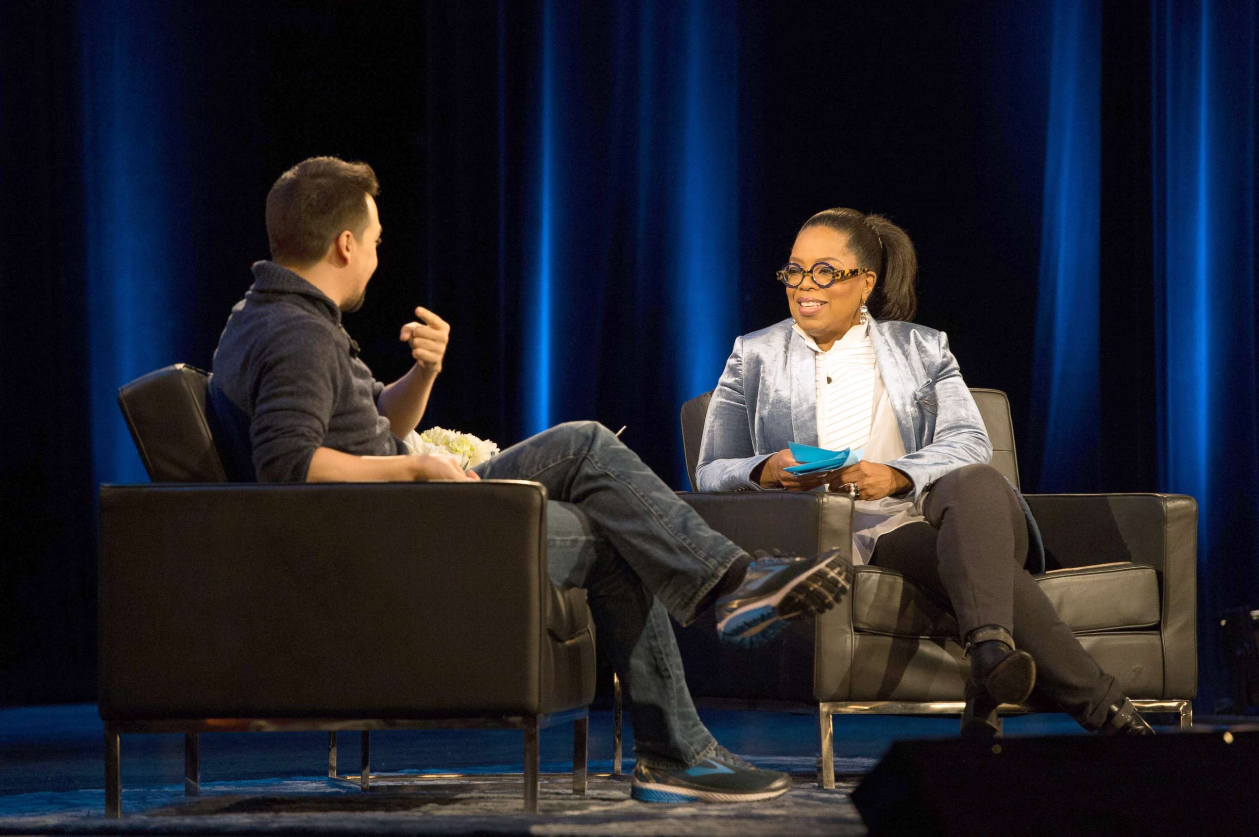 PHOTO: Lin-Manuel Miranda chats with Oprah Winfrey on Feb. 7, 2018, at New York City's Apollo Theater.