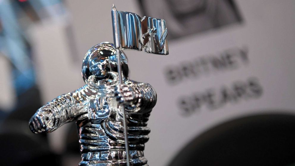 A "Moon Man" trophy is seen during the 2016 MTV Video Music Awards Press Junket at Madison Square Garden, Aug. 25, 2016, in New York.