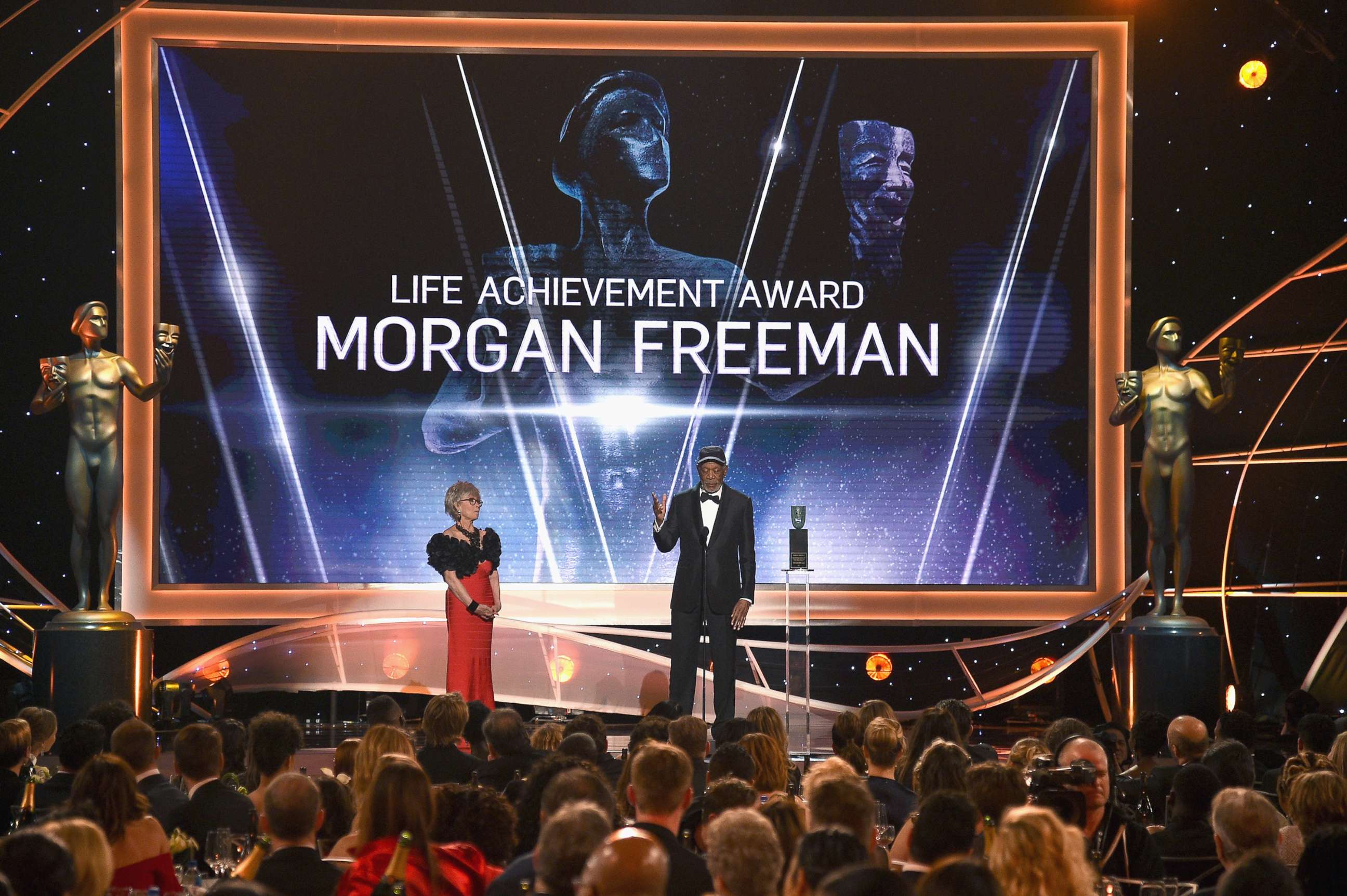 PHOTO: Morgan Freeman accept a lifetime achievement award onstage during the 24th Annual Screen Actors' Guild Awards at The Shrine Auditorium, Jan. 21, 2018 in Los Angeles, Calif. Actress Rita Moreno is at left.