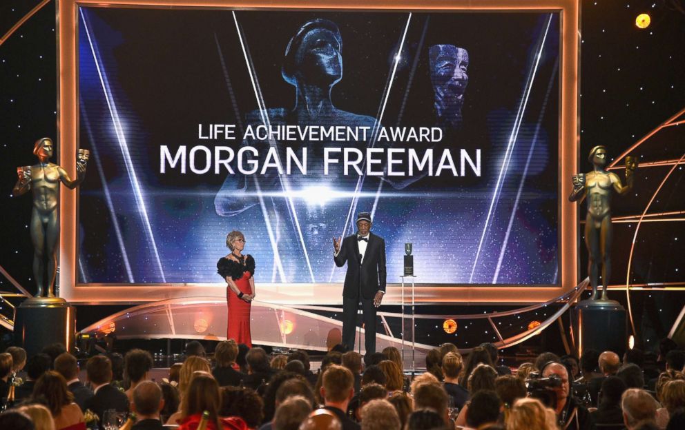 PHOTO: Morgan Freeman accept a lifetime achievement award onstage during the 24th Annual Screen Actors' Guild Awards at The Shrine Auditorium, Jan. 21, 2018 in Los Angeles, Calif. Actress Rita Moreno is at left.