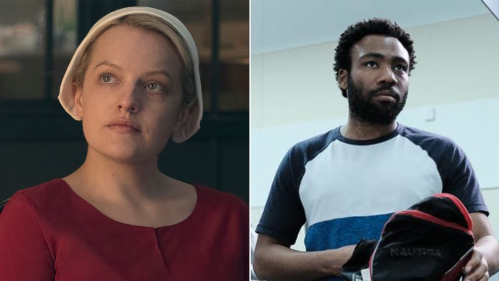 Elisabeth Moss in season 2 of Hulu's "The Handmaid's Tale" and Donald Glover in a scene from FX's "Atlanta."