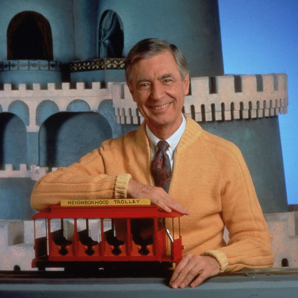 PHOTO: A portrait of children's television personality Fred Rogers posing with a toy trolley on the set of his public television show, "Mister Rogers' Neighborhood," 	Jan. 1, 1985.