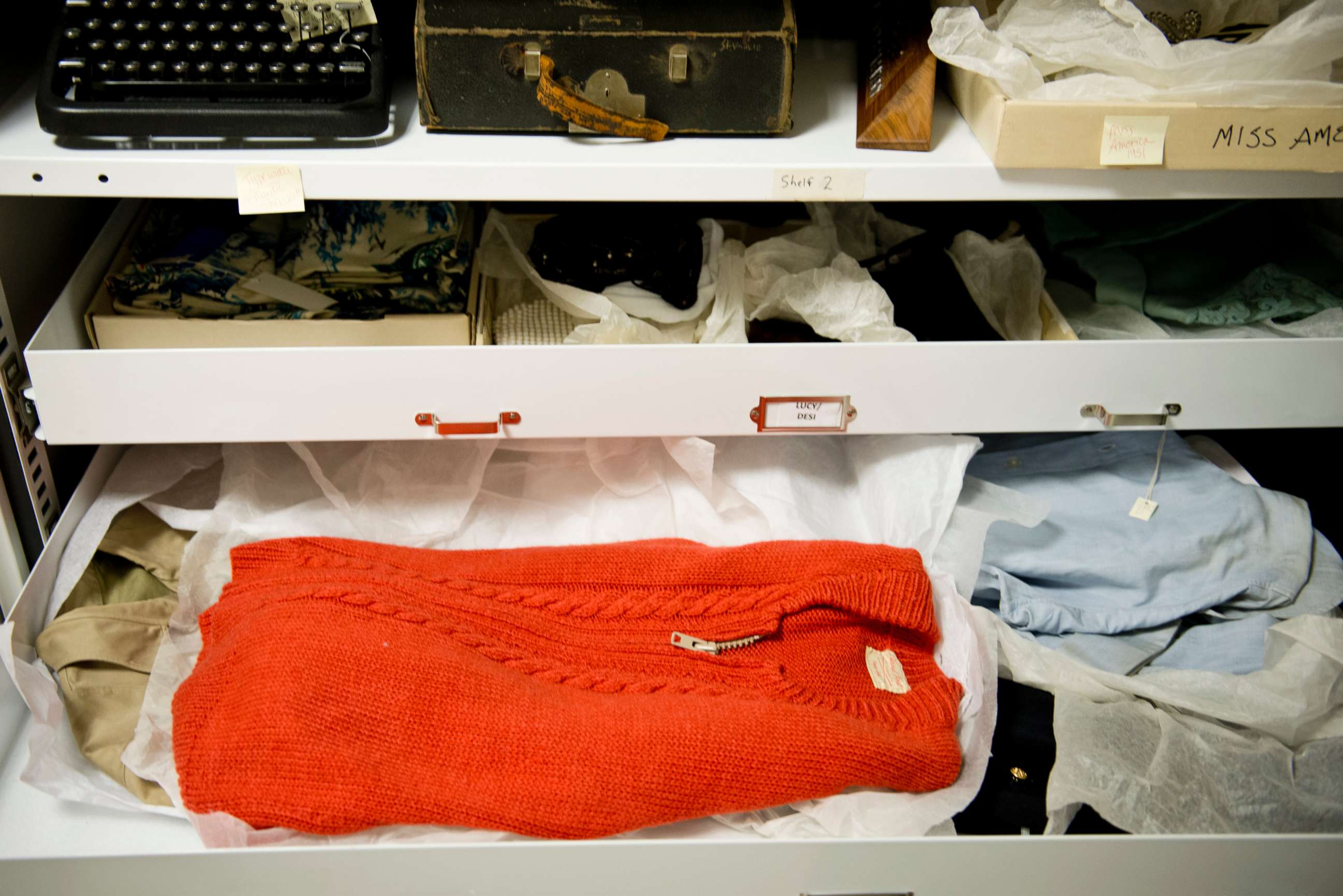 PHOTO: A sweater knitted by his mother and once belonging to Fred Rogers, star of PBS show 'Mister Rogers' Neighborhood', is seen among other items in the vaults at the Smithsonian's American History Museum July 27, 2012 in Washington, DC. 